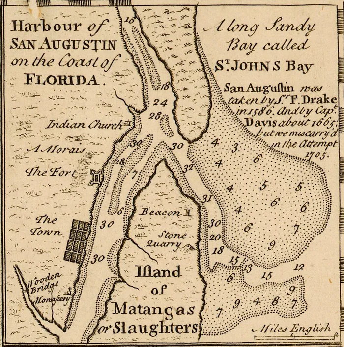 St. Augustine's harbor on an English map printed in 1740, the year of Oglethorpe's siege.