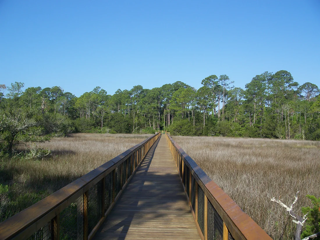 The boardwalk over the marsh at Fort Mose Historic State Park.