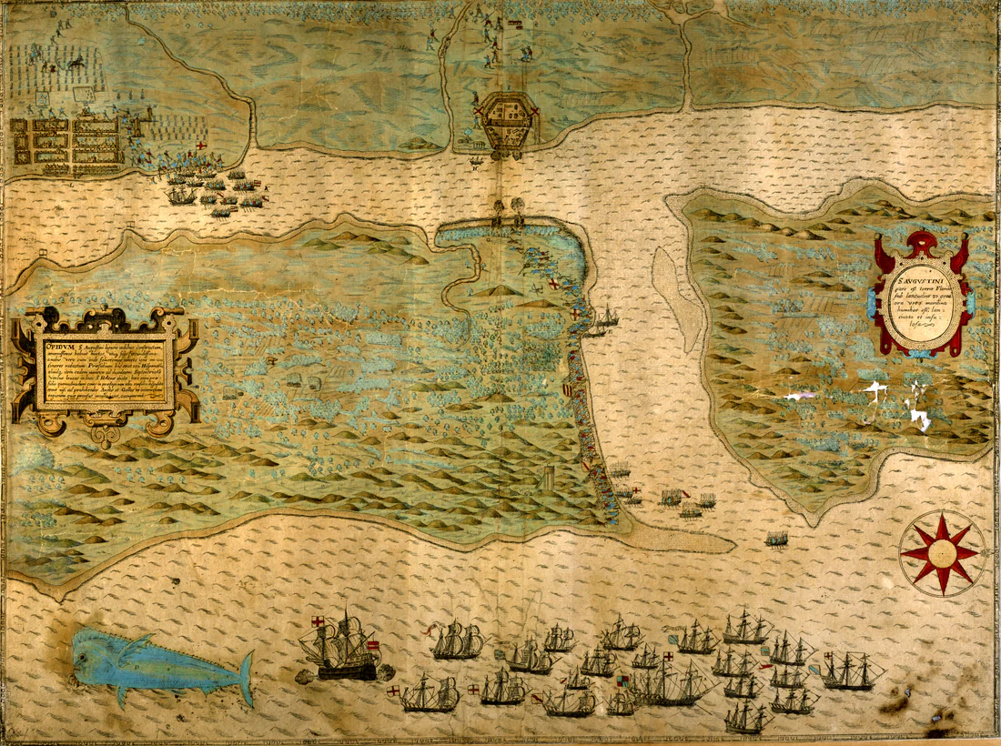 Baptista Boazio's map of Sir Francis Drake's raid on St. Augustine, published in 1589.