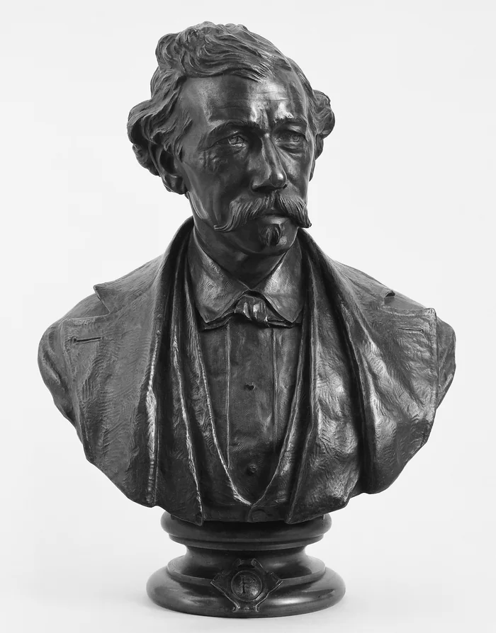 A bust of Henry B. Plant, whose railroads met at Pemberton, made in 1874.