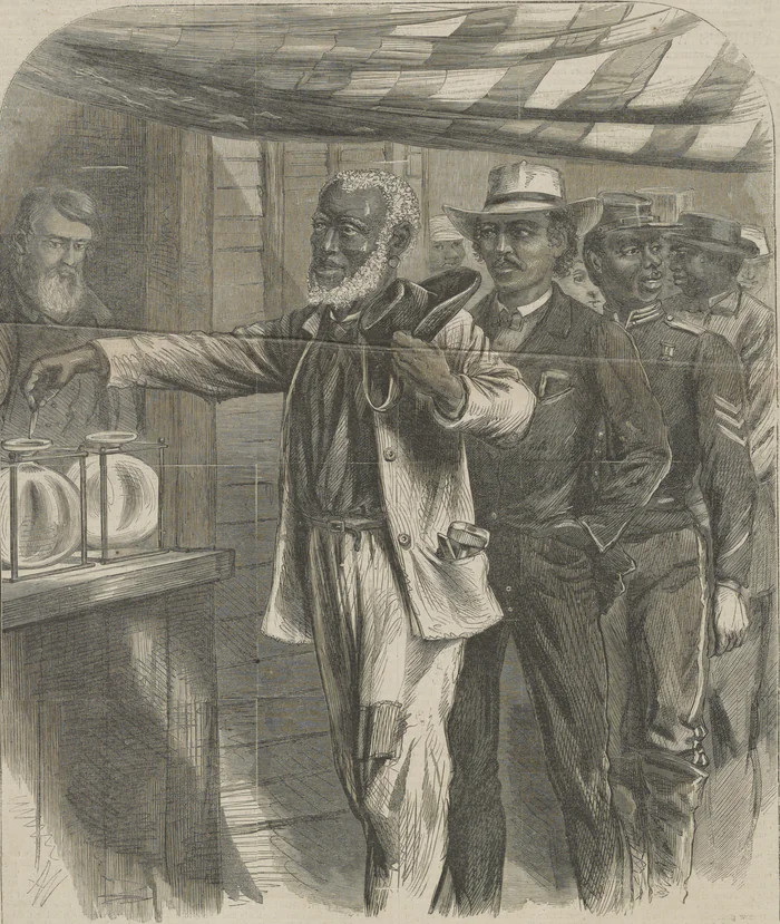 The First Vote, an 1867 drawing of freed Black men casting their first ballots.