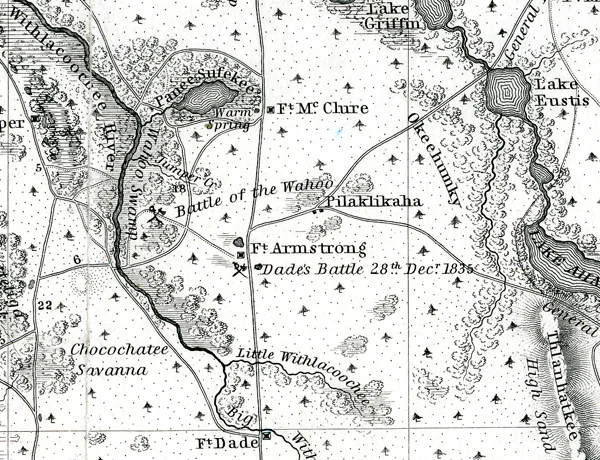 An 1839 army map marking Pilaklikaha, the Wahoo battle and Dade's Battle.
