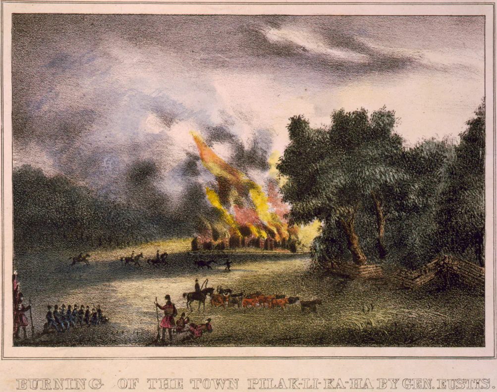 Burning of the Town Pilaklikaha by General Eustis, a hand-colored print from 1837.