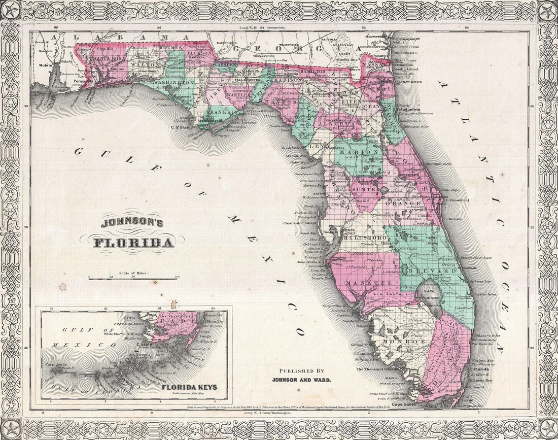 A. J. Johnson's 1866 map of Florida, with each county shown in its own color.