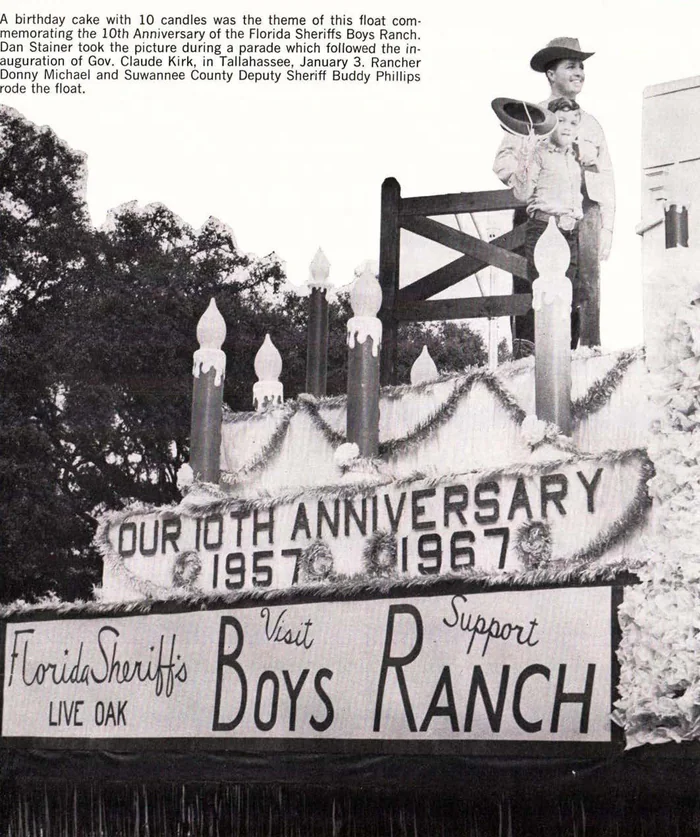 A Florida Sheriffs Boys Ranch parade float marking the ranch's tenth anniversary in 1967.