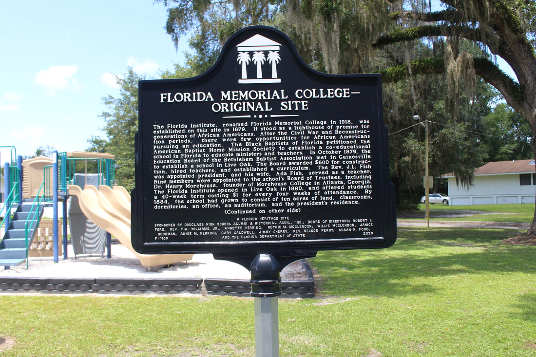 The state marker at the original site of Florida Memorial College in Live Oak, 2022.