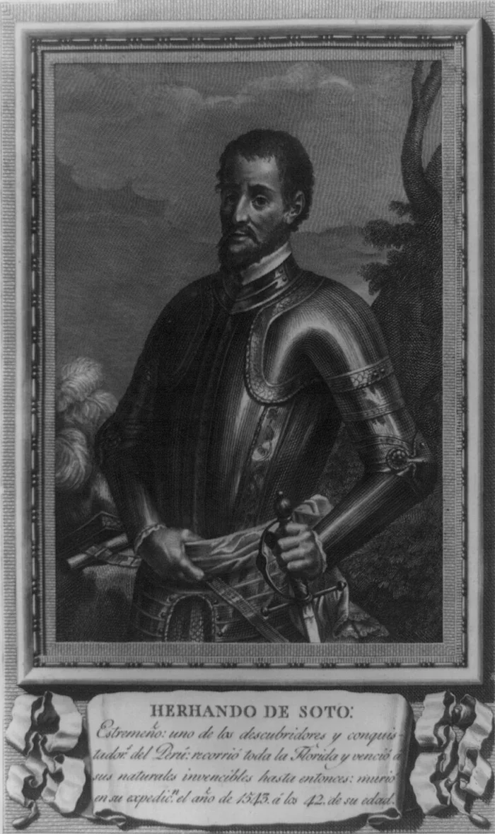 An engraved portrait of Hernando de Soto, who led about 600 Spaniards through this land in 1539.