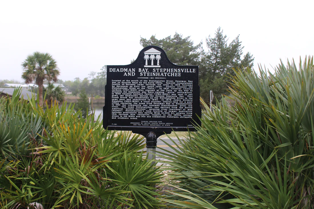 The state marker at Steinhatchee telling the story of Deadman Bay, Stephensville and Steinhatchee, 2024.