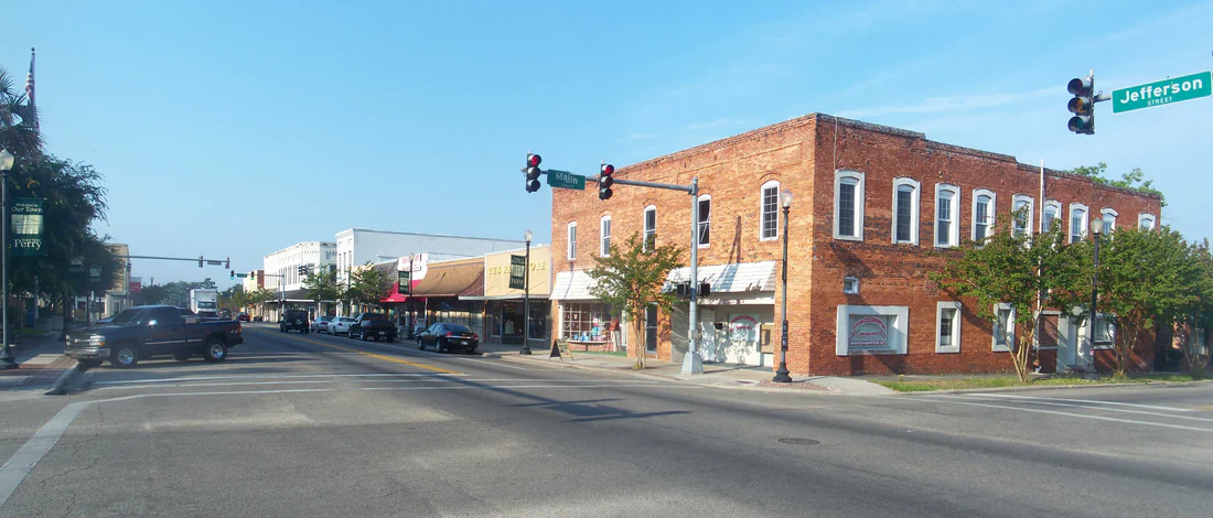 Brick storefronts along US 221 in downtown Perry, 2011.