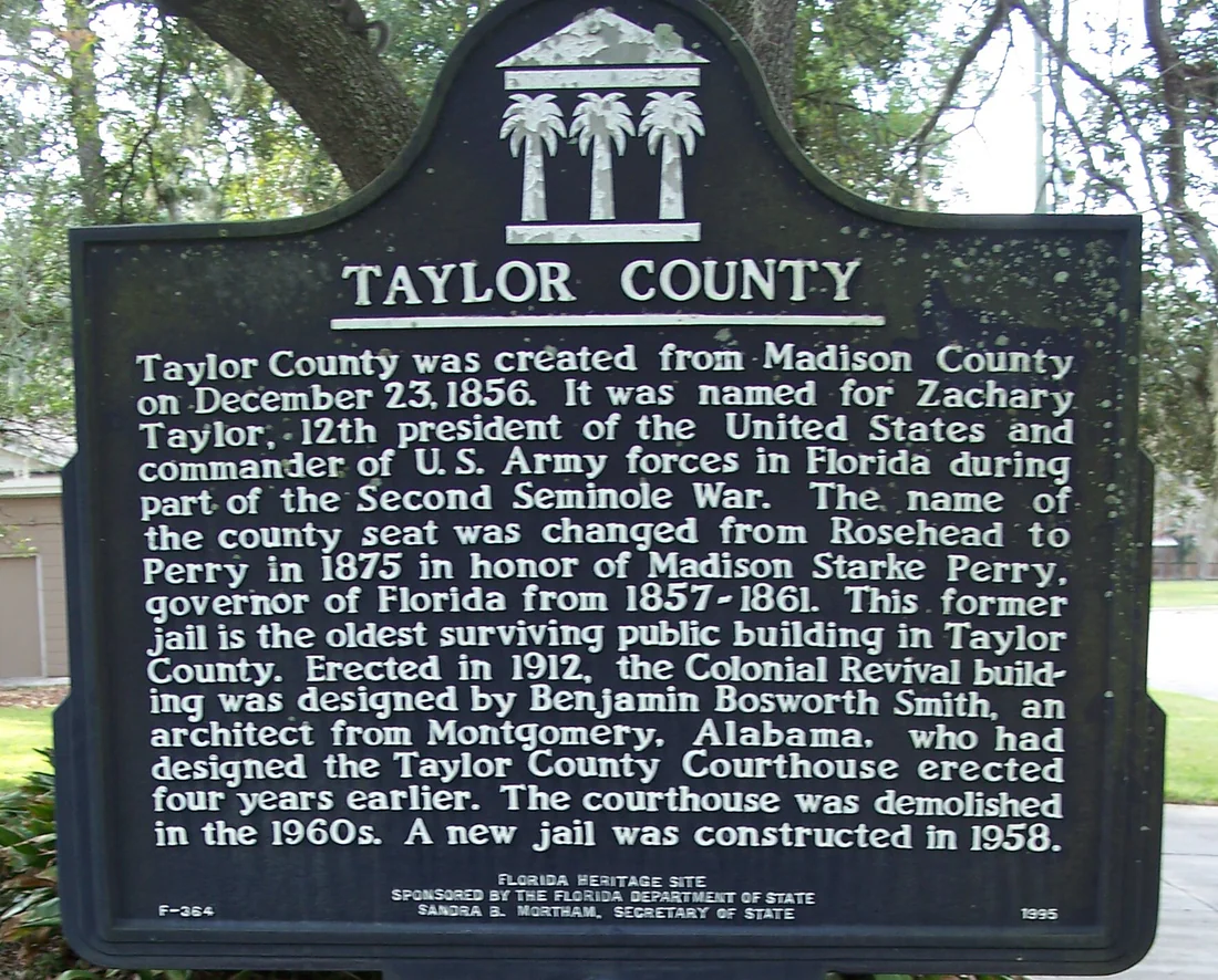 The Taylor County marker in Perry, which tells how Rosehead was renamed Perry in 1875.