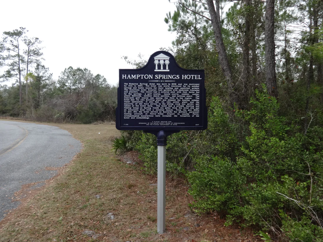 The state marker at the old Hampton Springs Hotel site, placed in 2007.
