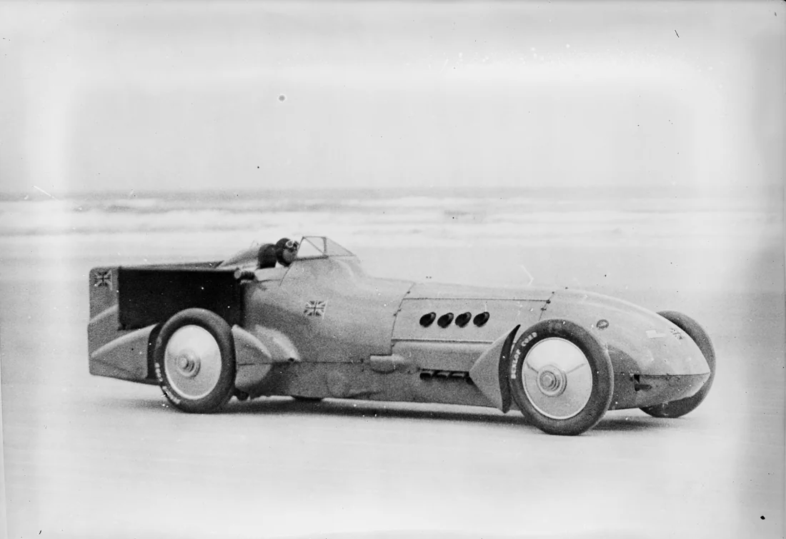 Malcolm Campbell in his Bluebird race car at Daytona Beach, February 1928.