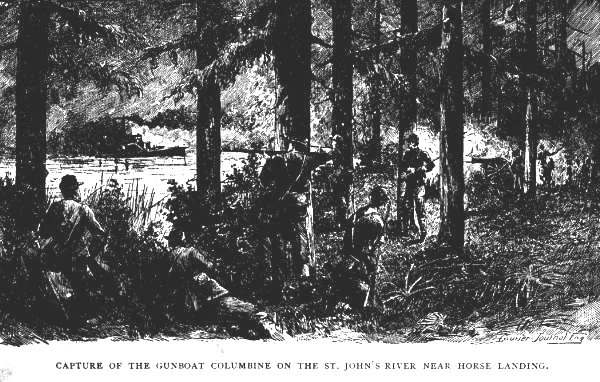 A drawing made before 1880 of the capture of the USS Columbine, the Union ship that landed at Enterprise.