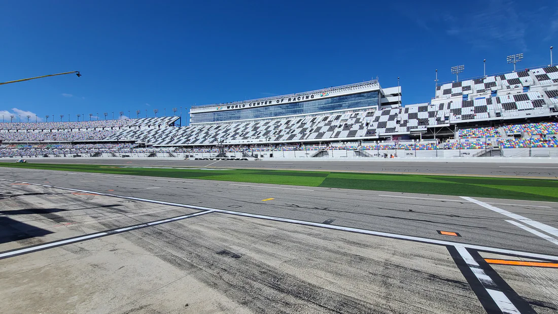 The grandstand and suites at Daytona International Speedway, 2024.