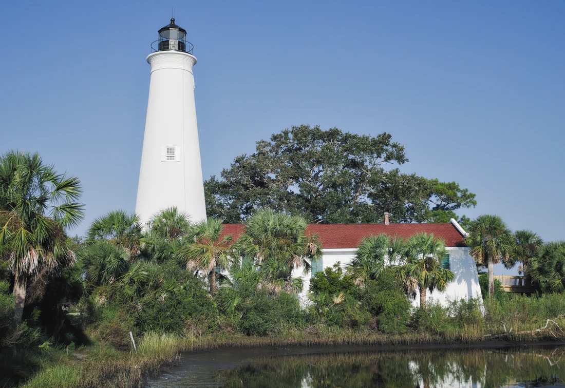 The St. Marks Lighthouse seen from the salt marsh, 2018.