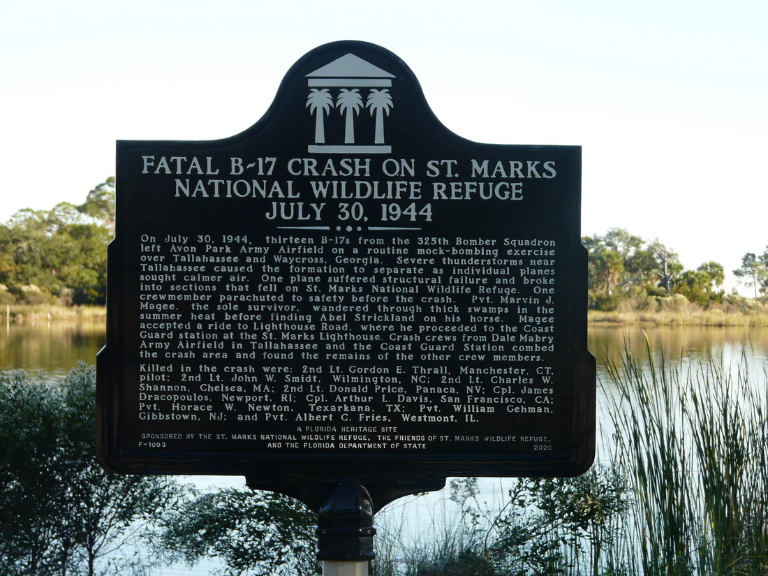 The marker in St. Marks National Wildlife Refuge for the B-17 crash of 1944.