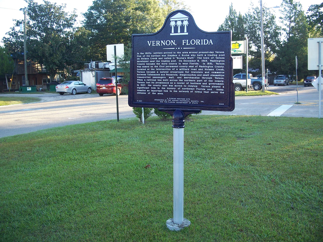 The Vernon, Florida historical marker beside the road in Vernon, 2010.