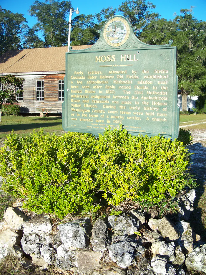 The state's Moss Hill historical marker in front of Moss Hill Church near Vernon, 2010.