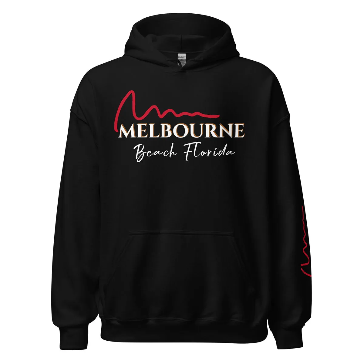 A black hoodie with a red brushstroke above the words Melbourne Beach Florida, and lettering down one sleeve