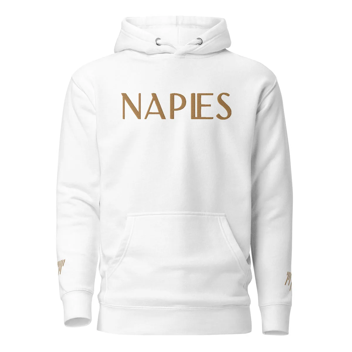 A white hoodie with the word Naples in gold across the chest and a small gold mark on each sleeve