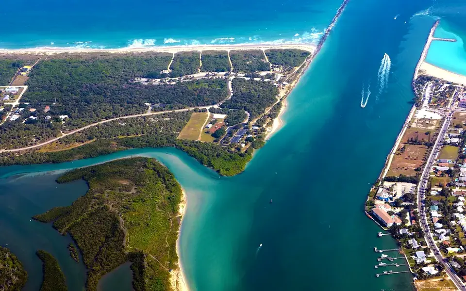 Atlantic Coast inlet, beach and turquoise water at Fort Pierce Inlet State Park